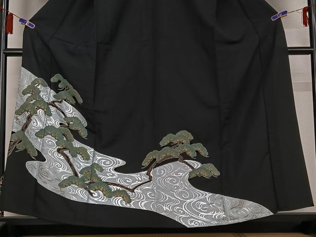 平和屋着物▽訪問着 単衣 流水松文 黒地 金銀彩 洗える着物 AABG8848jh
