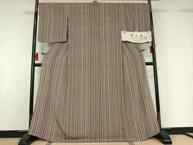 平和屋着物▽上質な小紋 単衣 古代縞 反端付き 正絹 逸品 AABG8851jh