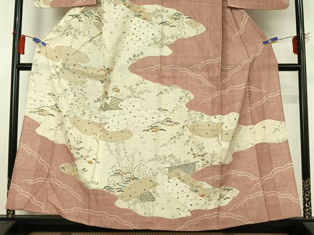 平和屋着物▽染織の名門 しょうざん 生紬 訪問着 単衣 紬地 絞り 草花文 金彩 正絹 逸品 AABG8853jh