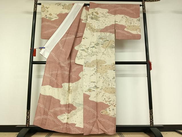 平和屋着物▽染織の名門 しょうざん 生紬 訪問着 単衣 紬地 絞り 草花文 金彩 正絹 逸品 AABG8853jh