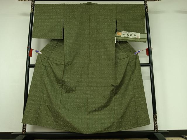 平和屋着物▽花織紬 単衣 幾何学文様 反端付き 正絹 逸品 AABG8856jh