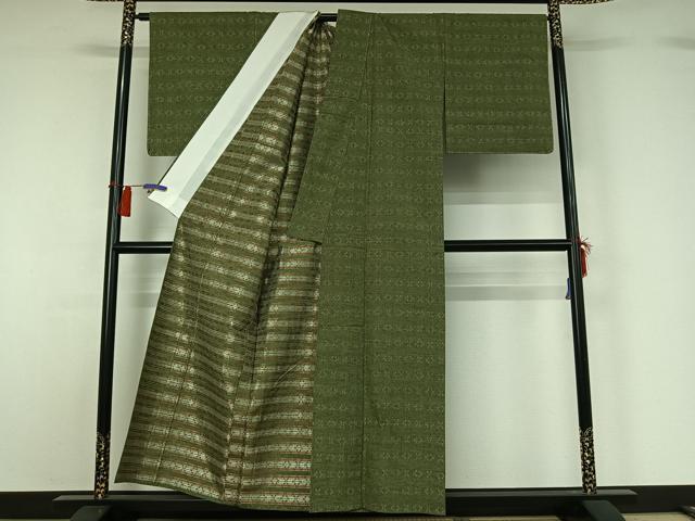 平和屋着物▽花織紬 単衣 幾何学文様 反端付き 正絹 逸品 AABG8856jh
