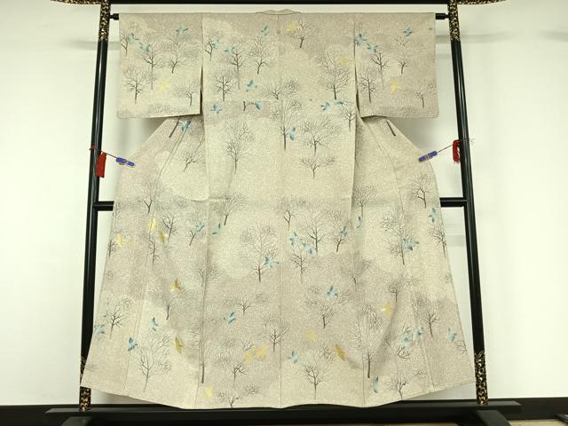 平和屋着物▽上質な小紋 単衣 樹林文 鳥 金彩 正絹 逸品 AABG8857jh