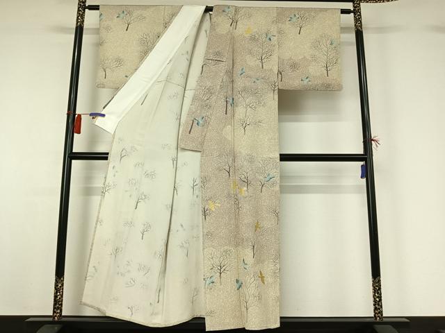 平和屋着物▽上質な小紋 単衣 樹林文 鳥 金彩 正絹 逸品 AABG8857jh