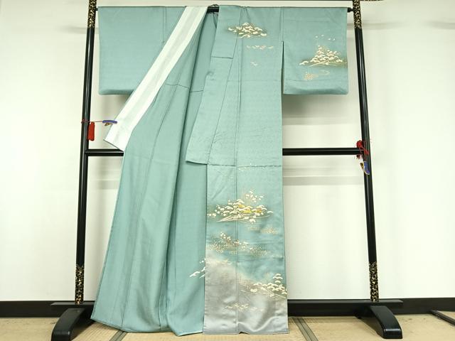 平和屋着物▽訪問着 単衣 駒刺繍 立波花鳥文 暈し染め 金彩 正絹 逸品 AABG8858jh