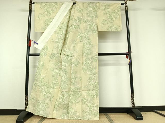 平和屋着物▽上質な紬 単衣 草花文 正絹 逸品 AABG8861jh