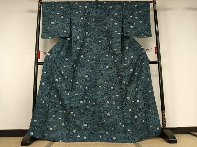 平和屋着物▽小紋 単衣 型染め 吉祥花文 洗える着物 AABG8875jh