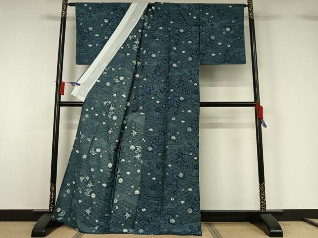 平和屋着物▽小紋 単衣 型染め 吉祥花文 洗える着物 AABG8875jh