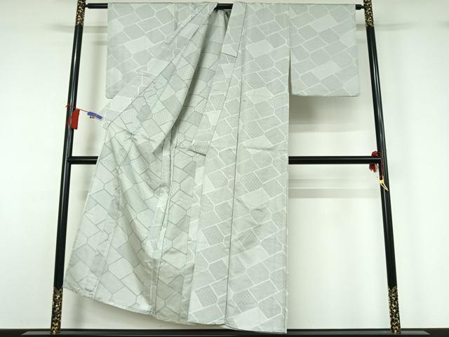 平和屋着物▽お召 単衣 幾何学文様 正絹 逸品 AABG8876jh