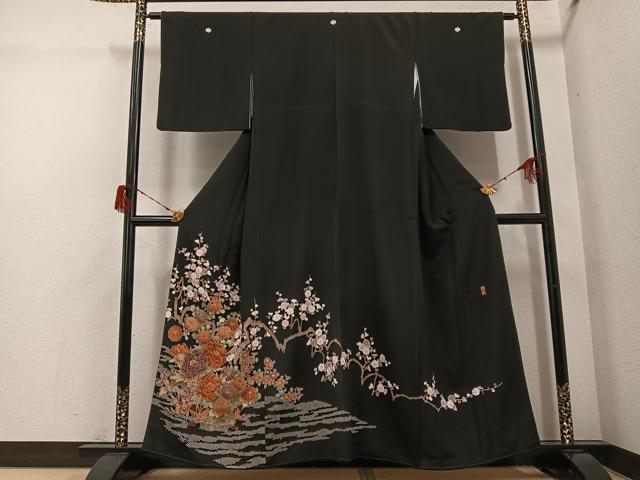 平和屋着物●豪華黒留袖 友禅 作家物 枝花文 正絹 逸品 AABG9006ph