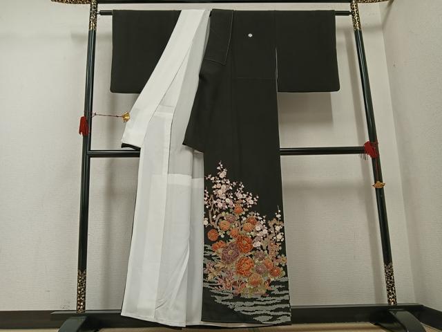 平和屋着物●豪華黒留袖 友禅 作家物 枝花文 正絹 逸品 AABG9006ph