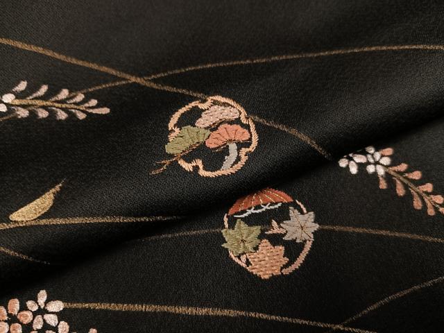 平和屋着物●訪問着 刺繍 手描き 雪輪草花文 黒地 金彩 正絹 逸品 AABG9013ph
