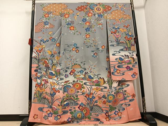 平和屋着物●豪華振袖 紅型 流水鴛鴦花文 暈し染め 正絹 逸品 AABG9060ph