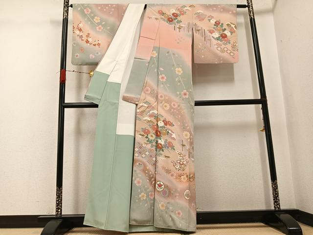 平和屋着物●訪問着 友禅 駒刺繍 舞扇草花文 暈し染め 金彩 正絹 逸品 AABG9062ph