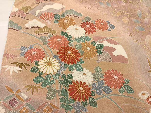 平和屋着物●訪問着 友禅 駒刺繍 舞扇草花文 暈し染め 金彩 正絹 逸品 AABG9062ph