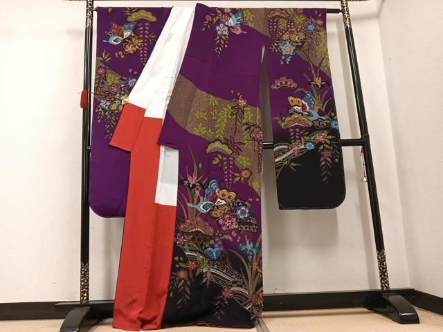 平和屋着物●豪華振袖 型染め 花蝶文 鬼しぼ縮緬 正絹 逸品 AABG9067ph
