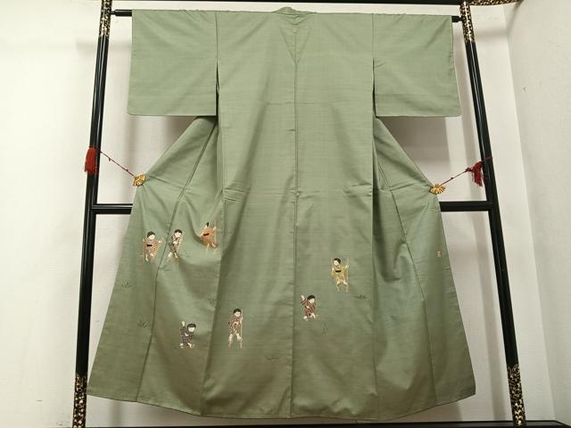 平和屋着物●本場大島紬 訪問着 作家物 手描き 童子遊び 正絹 逸品 未使用 AABG9069ph