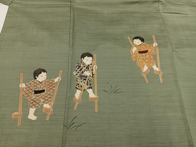 平和屋着物●本場大島紬 訪問着 作家物 手描き 童子遊び 正絹 逸品 未使用 AABG9069ph
