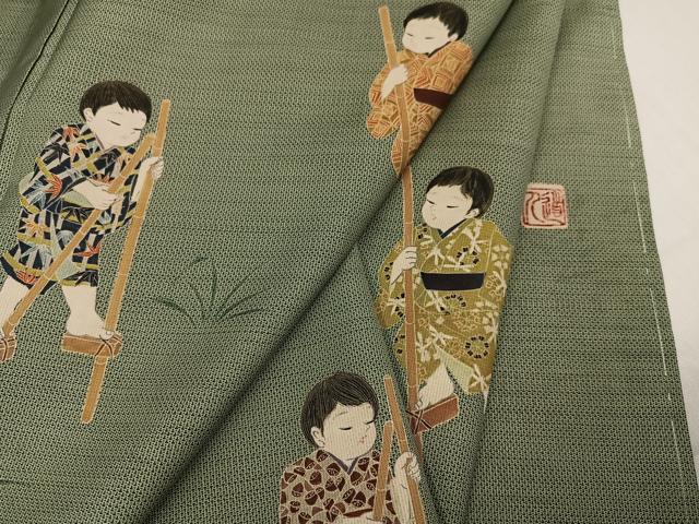 平和屋着物●本場大島紬 訪問着 作家物 手描き 童子遊び 正絹 逸品 未使用 AABG9069ph