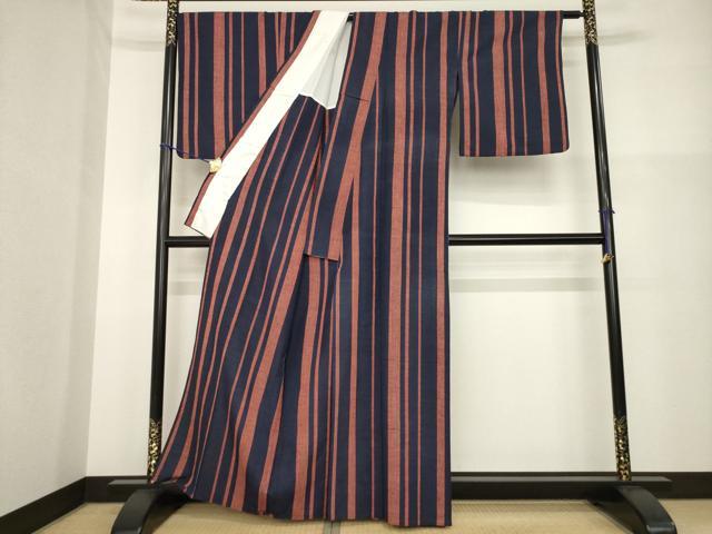 平和屋着物▽上質な紬 単衣 縞 正絹 逸品 AABG9243ck