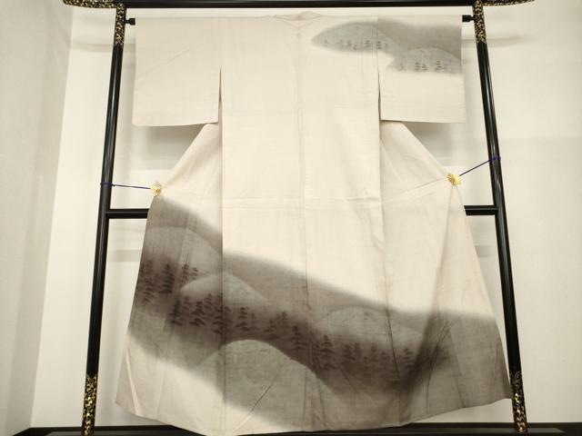 平和屋着物▽訪問着 単衣 紬地 遠山樹林文 暈し染め 正絹 逸品 未使用 AABG9267ck