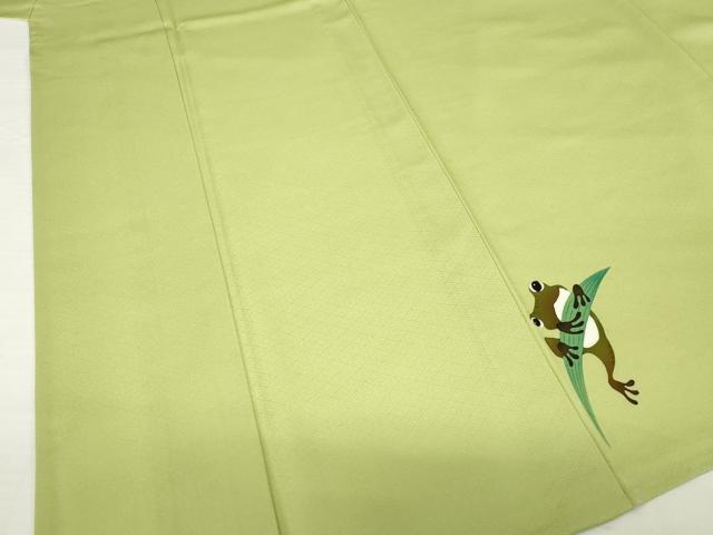 平和屋着物▽付下げ 単衣 ワンポイント カエル 蛙 抹茶色 正絹 逸品 AABG9272ck