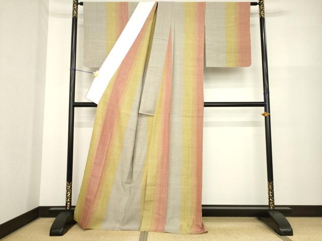 平和屋着物▽紅花紬 米沢 単衣 間道 正絹 逸品 未使用 AABG9284ck