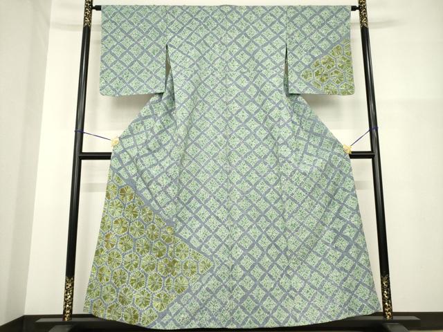 平和屋着物▽訪問着 単衣 紬地 絞り 菱文 正絹 逸品 AABG9287ck