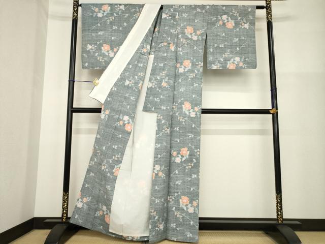 平和屋着物▽上質な紬 単衣 枝花文 正絹 逸品 AABG9298ck