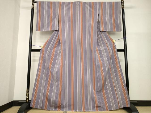 平和屋着物▽上質な小紋 単衣 縞 正絹 逸品 AABG9301ck