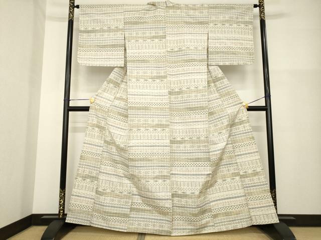 平和屋着物▽上質な紬 単衣 横段文 正絹 逸品 AABG9308ck