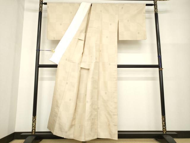 平和屋着物▽上質な紬 単衣 市松文 正絹 逸品 AABG9312ck