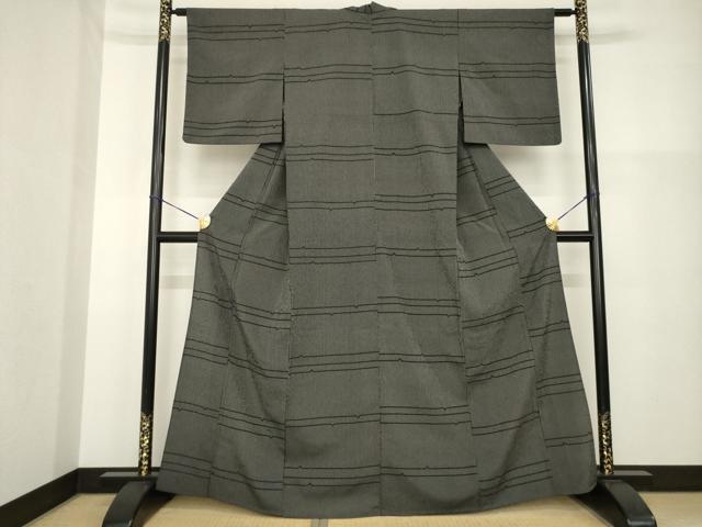 平和屋着物▽本塩沢 単衣 横段文 黒地 正絹 逸品 AABG9314ck