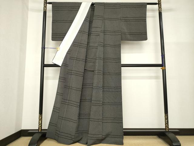 平和屋着物▽本塩沢 単衣 横段文 黒地 正絹 逸品 AABG9314ck