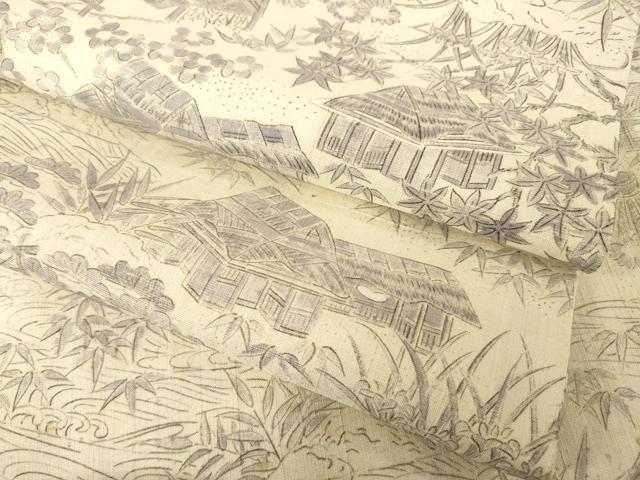 平和屋着物▽上質な小紋 単衣 紬地 風景文 正絹 逸品 AABG9317ck