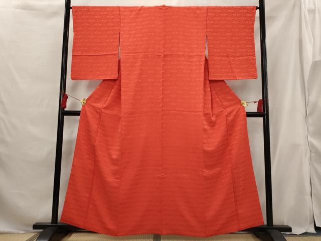 平和屋着物■上質な色無地 向い鶴地紋 紅緋色 正絹 逸品 AABG9325st