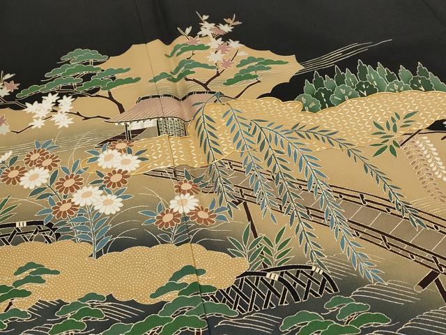 平和屋着物■豪華黒留袖 作家物 駒刺繍 風景草花文 暈し染め 金彩 正絹 逸品 AABG9371st