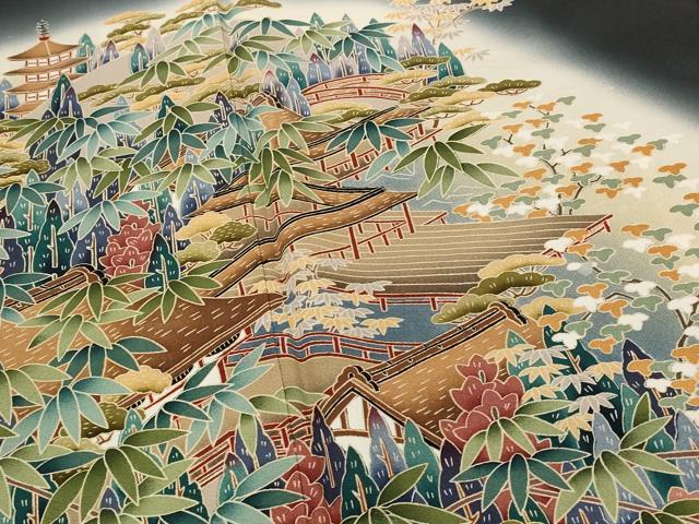 平和屋着物■豪華黒留袖 友禅 作家物 風景文 暈し染め 正絹 逸品 AABG9484st