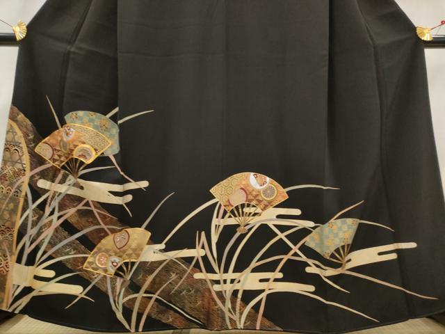 平和屋着物■豪華黒留袖 駒刺繍 扇面花文 金彩 正絹 逸品 AABG9499st