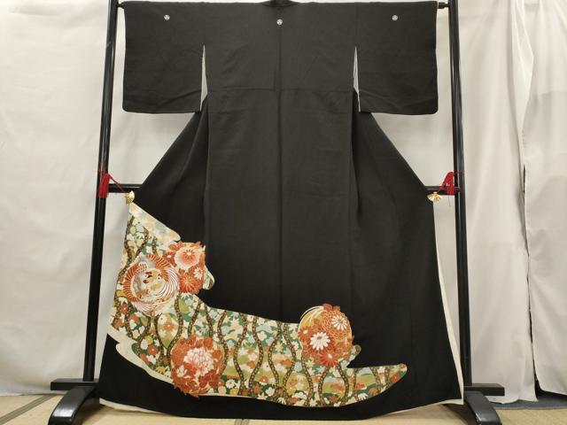 平和屋着物■豪華黒留袖 駒刺繍 花鳥丸文 金彩 銀糸 正絹 逸品 AABG9504st