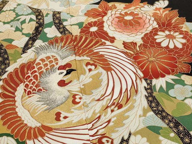 平和屋着物■豪華黒留袖 駒刺繍 花鳥丸文 金彩 銀糸 正絹 逸品 AABG9504st