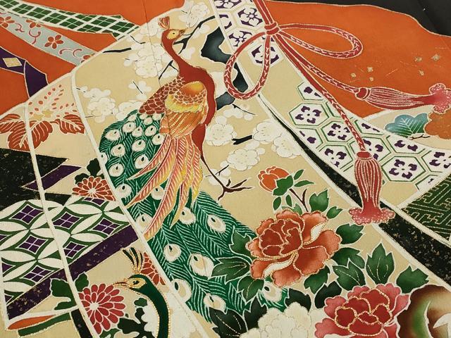 平和屋着物■豪華黒留袖 駒刺繍 誰が袖花鳥文 金彩 正絹 逸品 AABG9508st