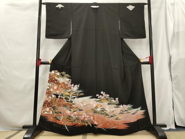 平和屋着物■豪華黒留袖 駒刺繍 花松文 金彩 正絹 逸品 AABG9510st