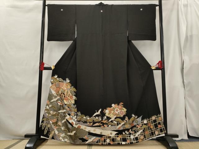 平和屋着物■豪華黒留袖 駒刺繍 飛鶴花松文 金彩 正絹 逸品 AABG9516st
