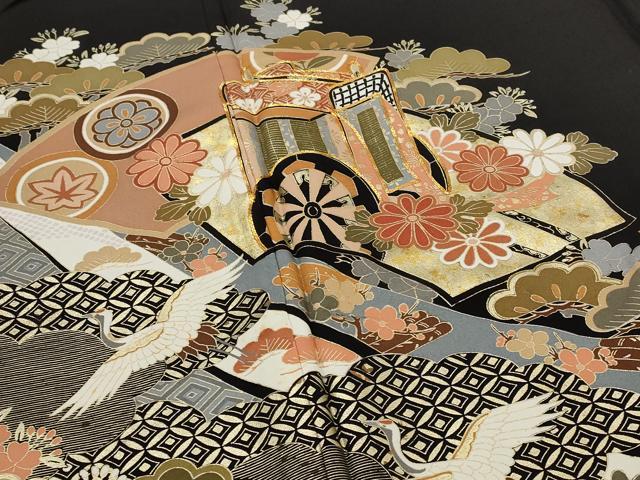 平和屋着物■豪華黒留袖 駒刺繍 飛鶴花松文 金彩 正絹 逸品 AABG9516st