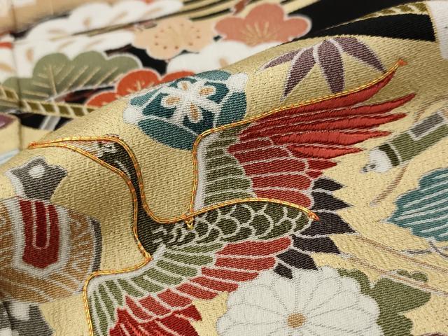 平和屋着物■豪華黒留袖 駒刺繍 飛鶴梅松文 金彩 正絹 逸品 AABG9517st