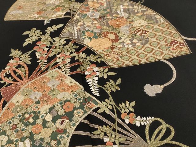 平和屋着物■豪華黒留袖 総刺繍 駒刺繍 扇面花文 金糸 正絹 逸品 AABG9518st