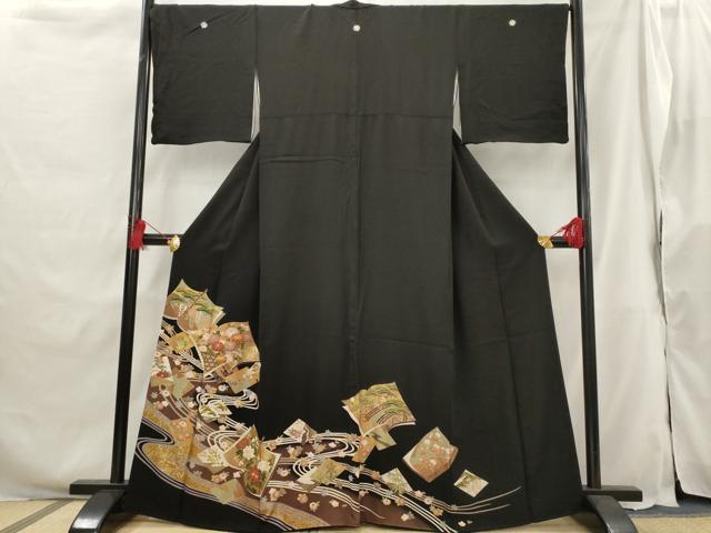 平和屋着物■豪華黒留袖 駒刺繍 流水冊子花文 金彩 正絹 逸品 AABG9520st