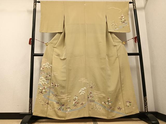 平和屋着物●訪問着 友禅 松竹梅エ霞流水草花文 鬼しぼ縮緬 正絹 逸品 AABG9555ph