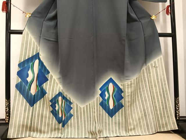 平和屋着物●色留訪問着 作家物 菱文 錆鉄御納戸色 暈し染め 正絹 逸品 AABG9560ph